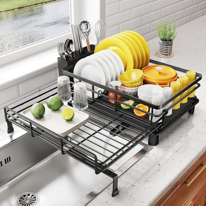 SNTD Dish Drying Rack - Extendable Dish Rack, Large Sink Drying Dish Drainer for Kitchen Counter, Stainless Steel Dish Strainer with Utensil Holder (Black) - Image 1